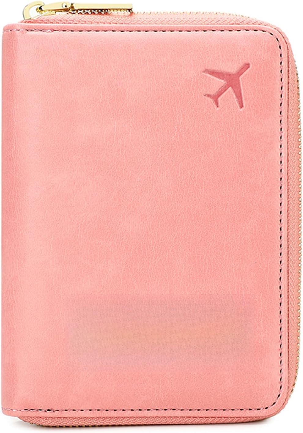Genuine Leather Wallet Unisex Zipper Passport Holder RFID Blocking Waterproof - Vintage Travel Wallet (Pink)