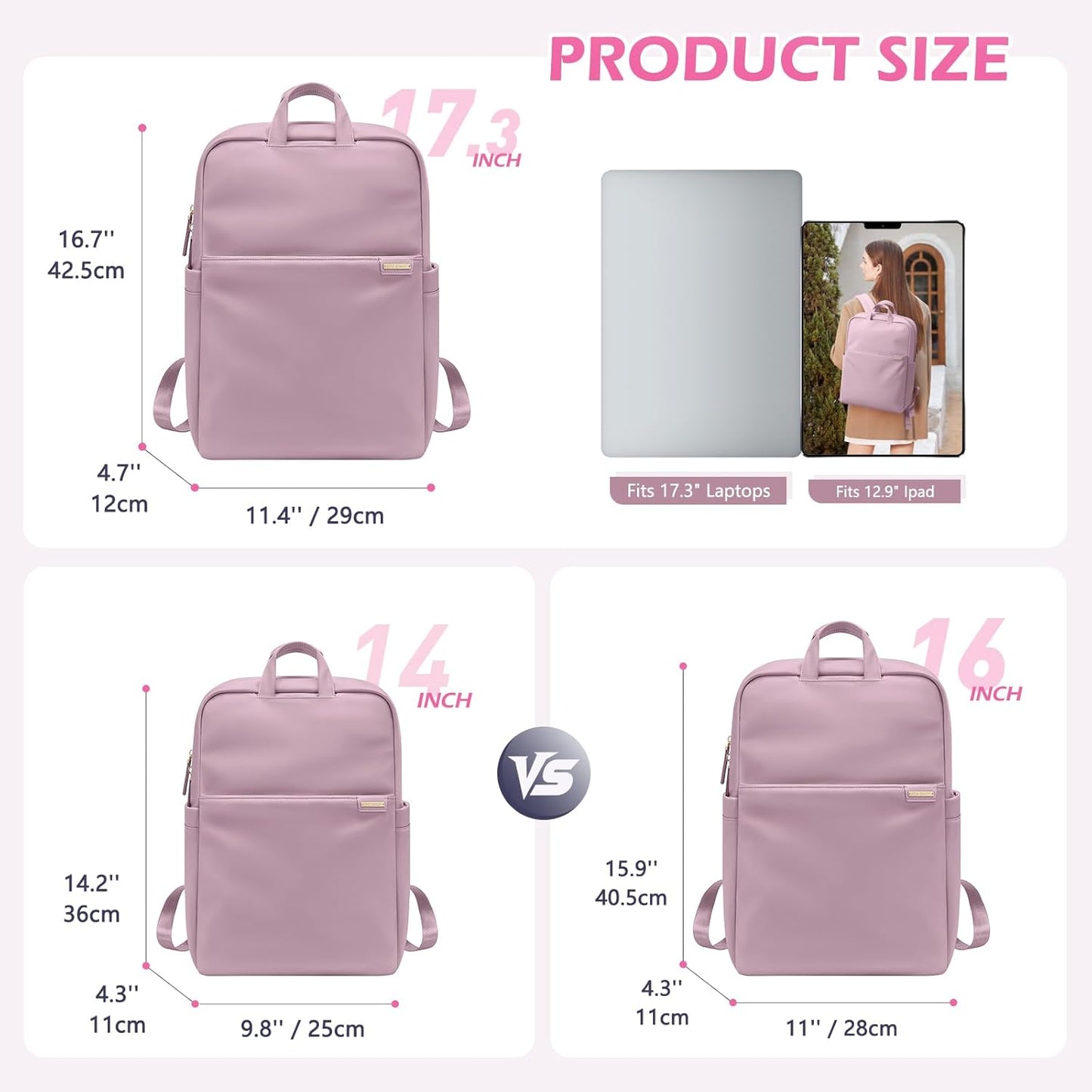 Slim Laptop Backpack for Women, Lightweight Business Backpack for Women Computer Bag Purse for Commuting, Fit 17.3 Inch, Pink Purple