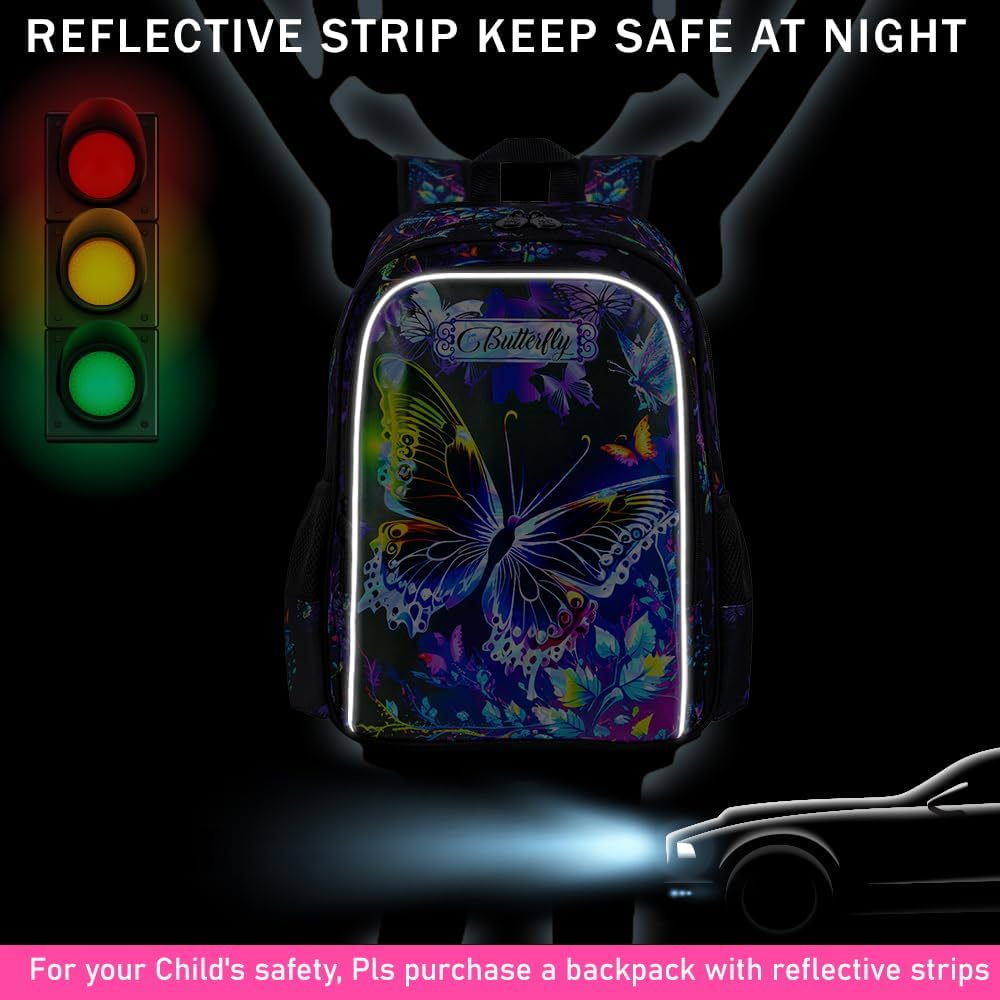 16" Butterfly Backpack for Girls, 3Pcs School Bookbag with Lunch Box, Kids Backpacks Set for