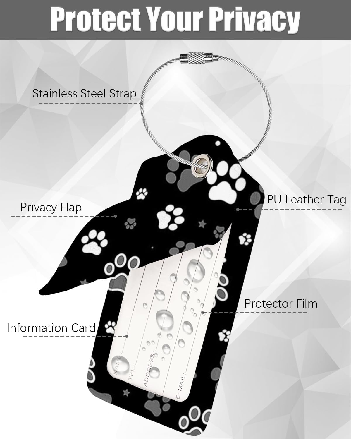 2 Pack Luggage Tags for Suitcase, Leather Suitcase Tags Cruise Ship with Privacy Cover and Double Metal Loop for Women Men Girls Boys Travel Baggage Bag Backpack Tags,Black White Dogs Paw