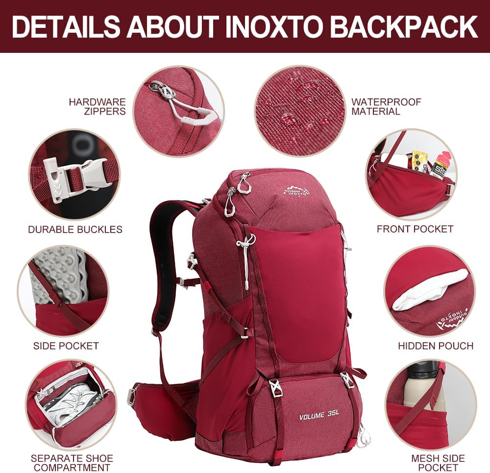 INOXTO 35L Hiking Backpack with 3Lwater bladder, Camping Backpack with Waterproof Rain Cover for Men, Outdoor Sport Travel Daypack for Climbing (Red)