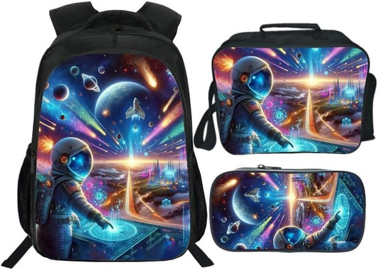 School Backpack Set for Girls Boys 3-in-1 Kids Teens Elementary Middle School Bookbag with Lunch Bag Pencil Case
