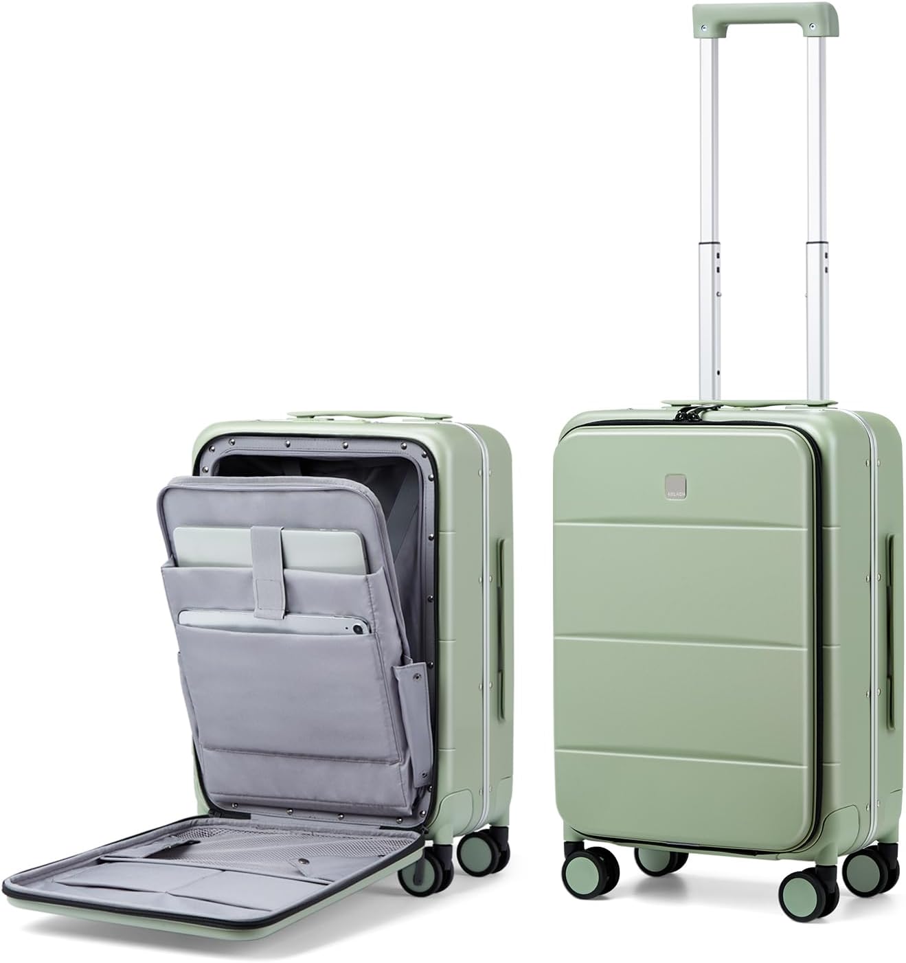 MILADA Carry On Luggage 22x14x9 Airline Approved Spinner Wheels TSA Luggage 20 Inch Hard Shell Suitcases Front Opening Pocket Rolling Aluminum Frame Travel Luggage, Bamboo Green