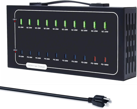 690W USB Charging Station, 20 Port Fast Charging Station for Multiple Devices, PD 100W USB C Charger Block, Smart Power Delivery & Multi Protection for Laptop MacBook iPhone, iPad, Tablet, and More