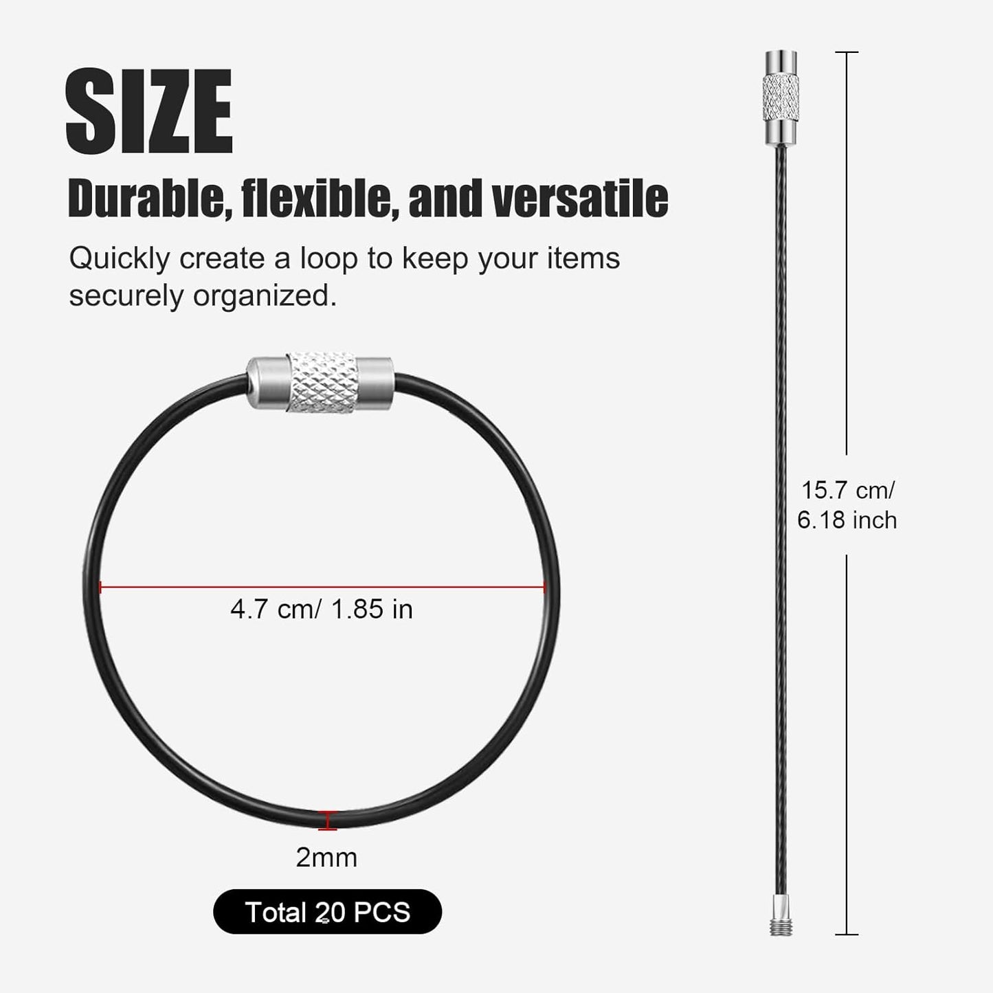 20pcs Stainless Steel Wire Keychains Aircraft Cable Cable Key Ring for Hanging ID Tags or Luggage Tags,6.3 inch 2mm Black