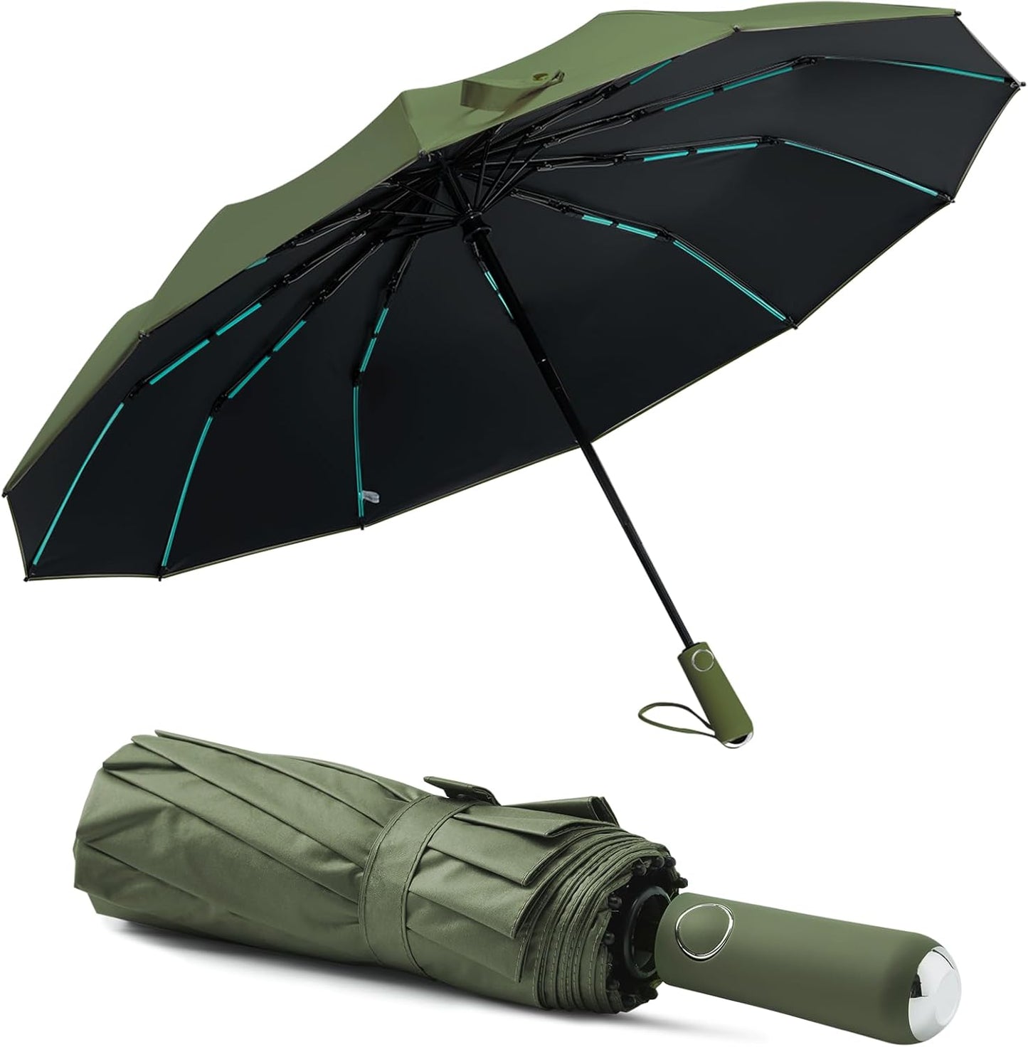 Large Double-Ribs Umbrella Automatic Folding Umbrella for Women Men, Travel, UPF 50+ UV Protection,46-Inch, 12 Ribs, Light Green