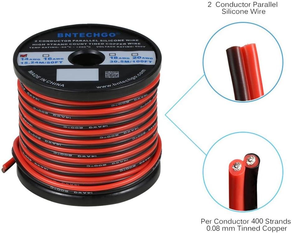 BNTECHGO 14 Gauge Flexible 2 Conductor Parallel Silicone Wire Spool Red Black High Resistant 200 deg C 600V for Single Color LED Strip Extension Cable Cord,Model,50ft Stranded Tinned Copper Wire