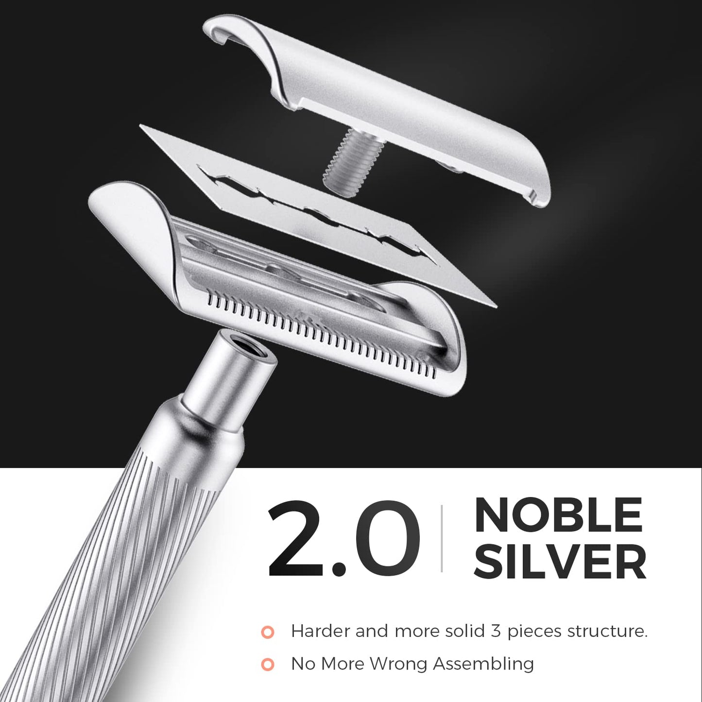 ZOMCHI Double Edge Safety Razor for Men & Women,[New Version 2.0 ] Metal Razor with 10 Double Edge Safety Razor Blades,Single Blade Razor – Noble Silver