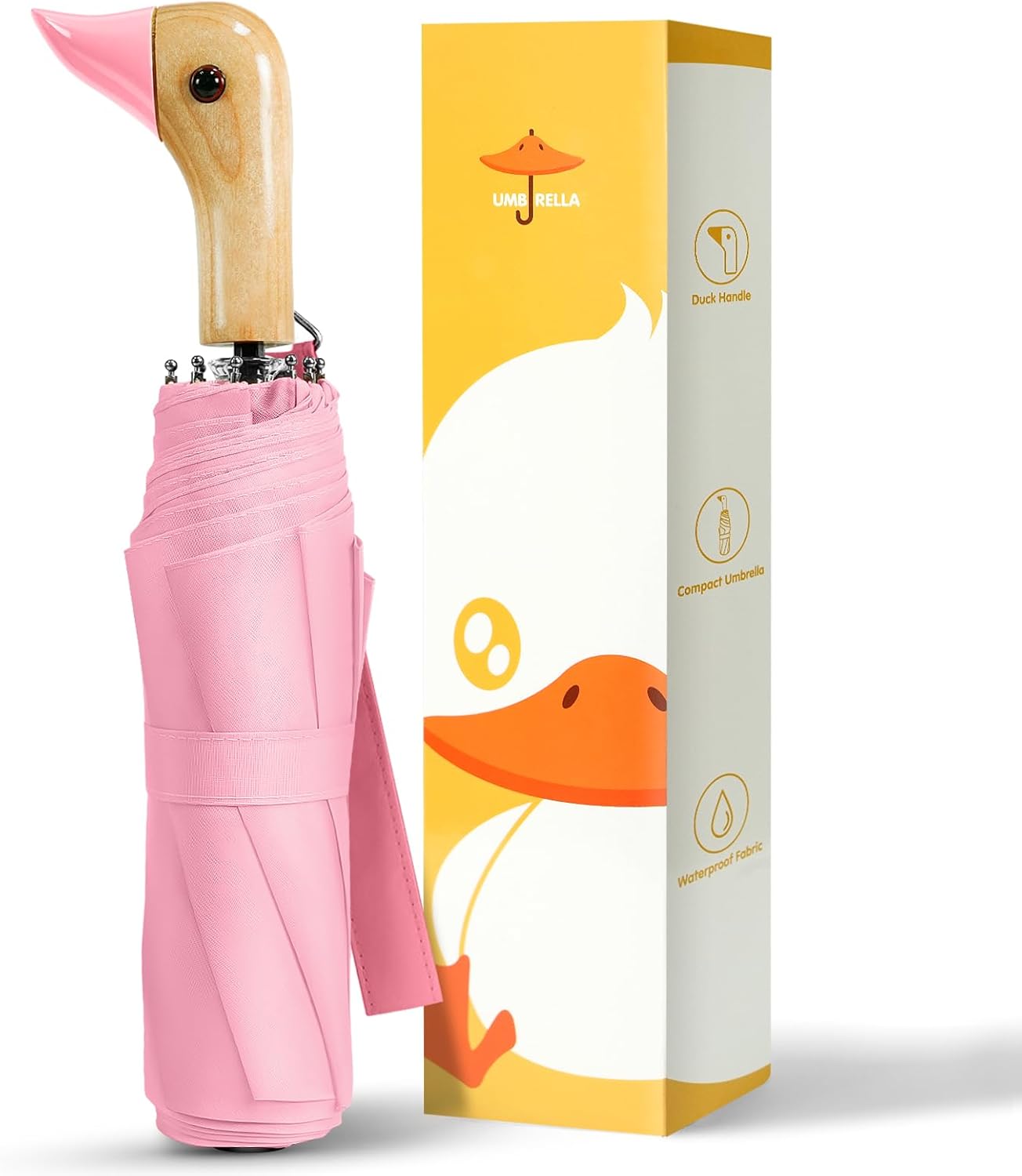 LEAGERA Compact Small Umbrellas for Rain&Sun, Cute Design Duck Head Umbrella for Girls Gifts, 8 Ribs Folding Umbrella with Wooden Handle