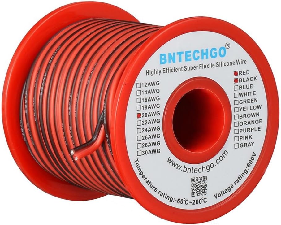 BNTECHGO 20 Gauge Flexible 2 Conductor Parallel Silicone Wire Spool Red Black High Resistant 200 deg C 600V for Single Color LED Strip Extension Cable Cord,Model,50ft Stranded Tinned Copper Wire