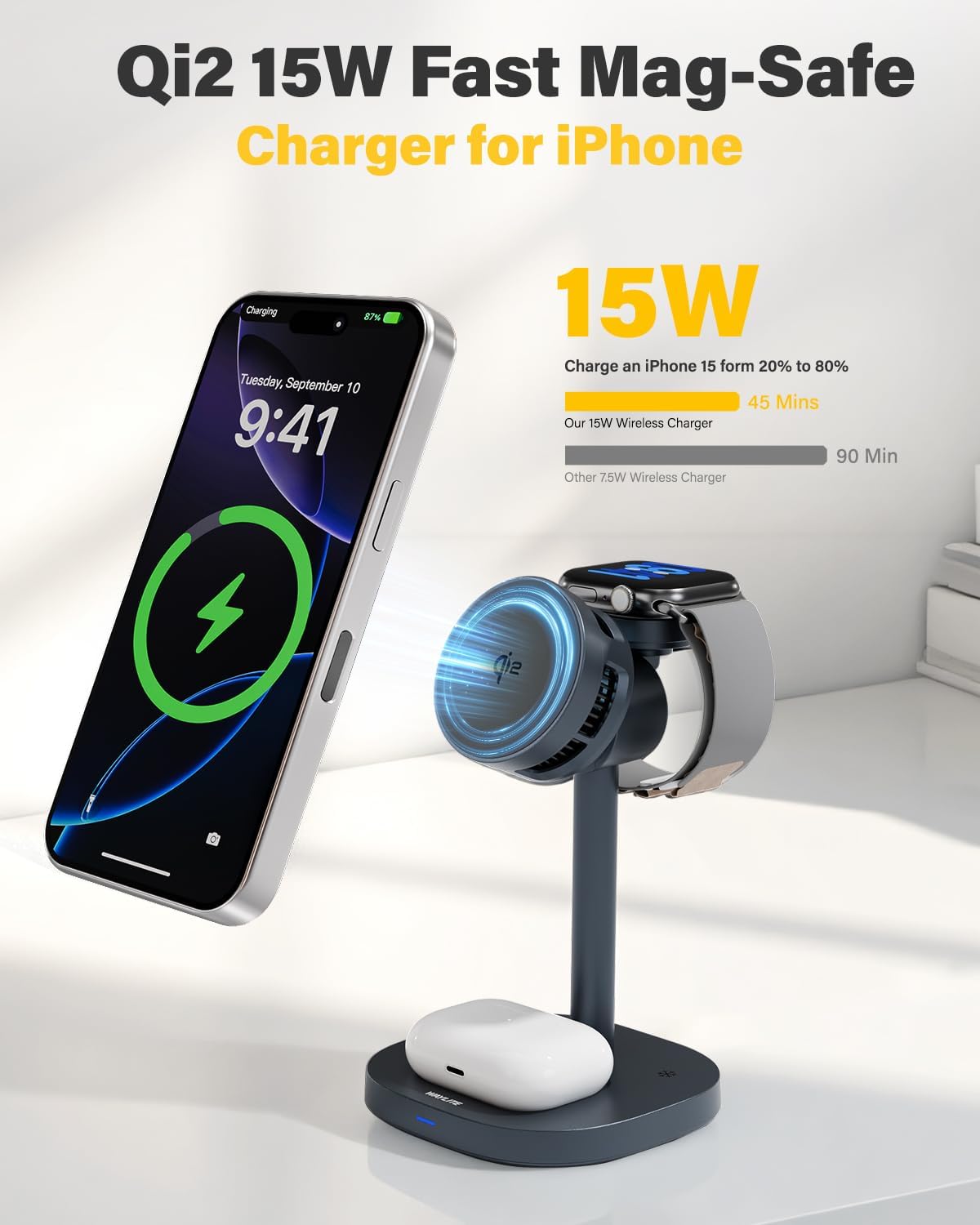 3 in 1 Wireless Charging Station for Apple MagSafe Charger Stand,15W Qi2 Fast Charging Station with TEC Cooling, Magnetic Wireless Charger for iPhone17 16 15 14 13, Apple Watch, AirPods, Gifts for Men