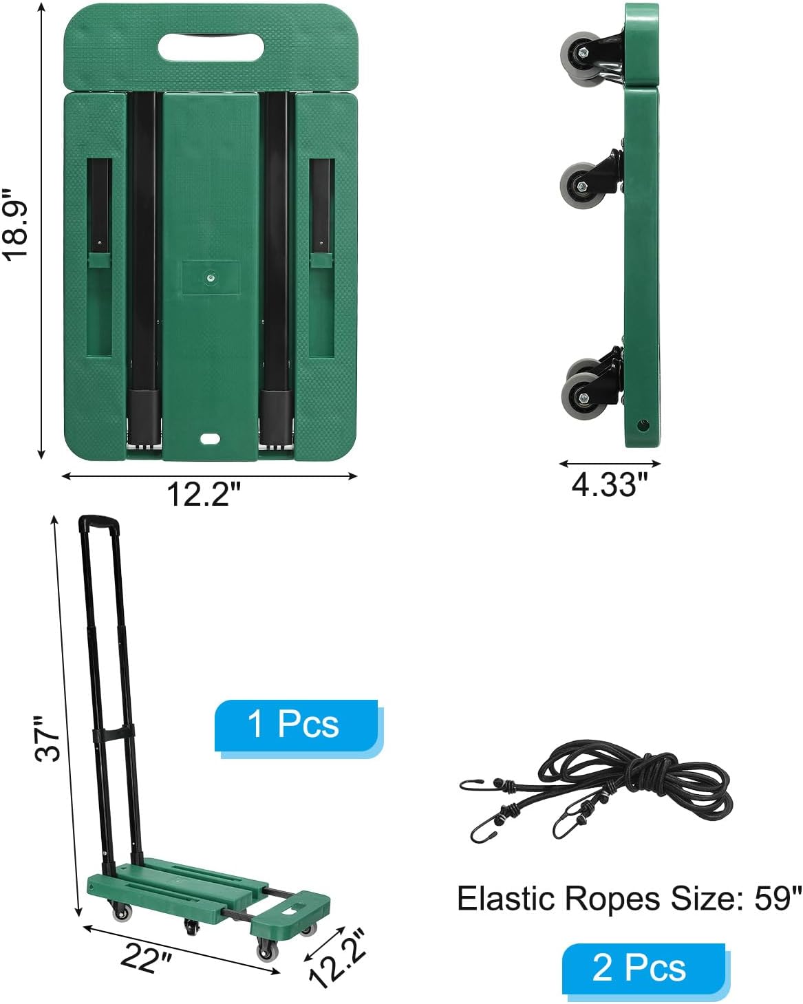 PATIKIL Folding Hand Truck, 440lb Heavy Luggage Cart Portable Duty Dolly for Moving PU Wheels & 2 Elastic Ropes Travel Shopping House Office Use, Red