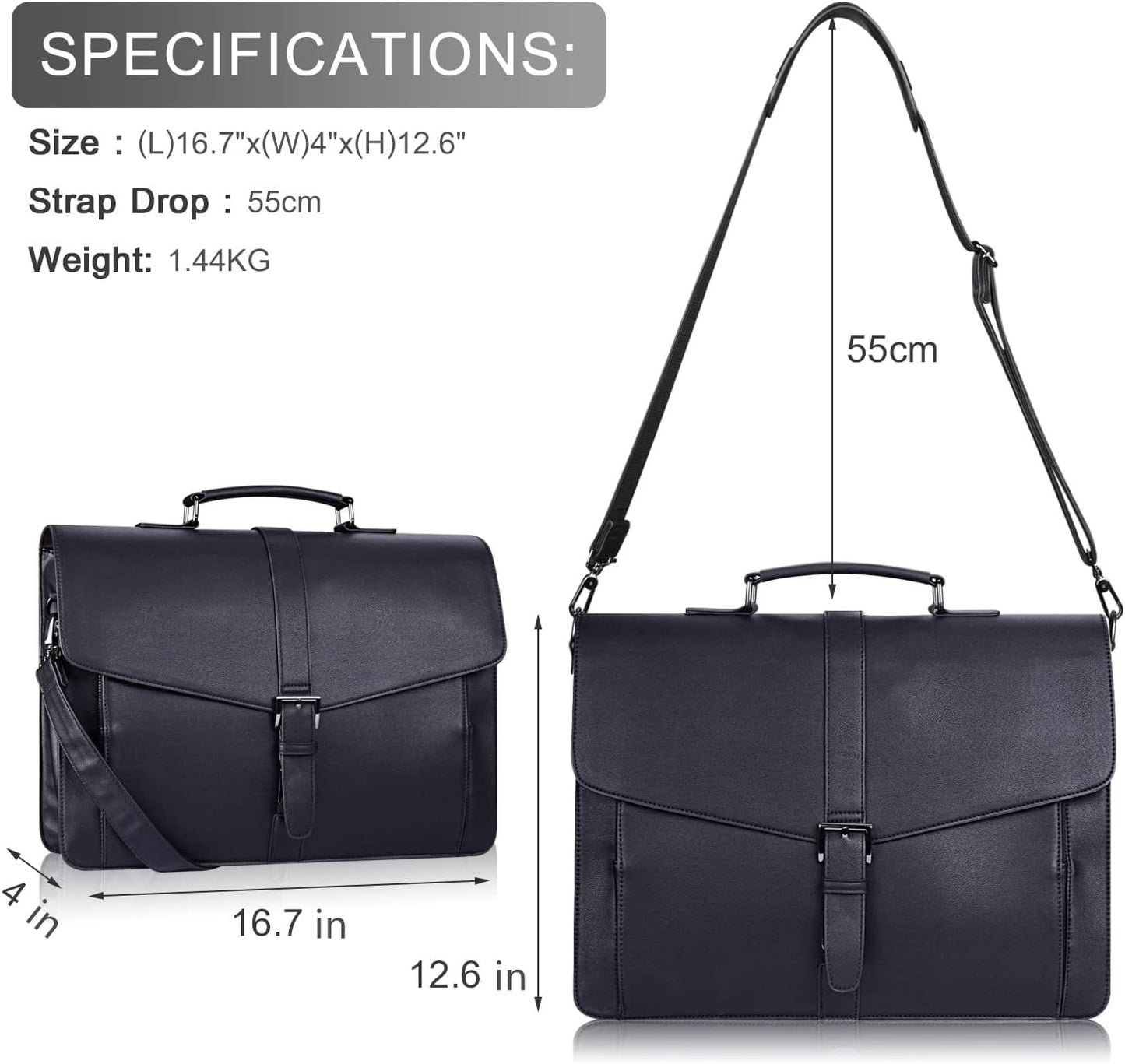 ESTARER Men's Leather Briefcase 15.6 Inch Laptop Computer Bag for Office/Business/Travel, Large Satchel Professional Pu Leather Messenger Shoulder Bag, Black