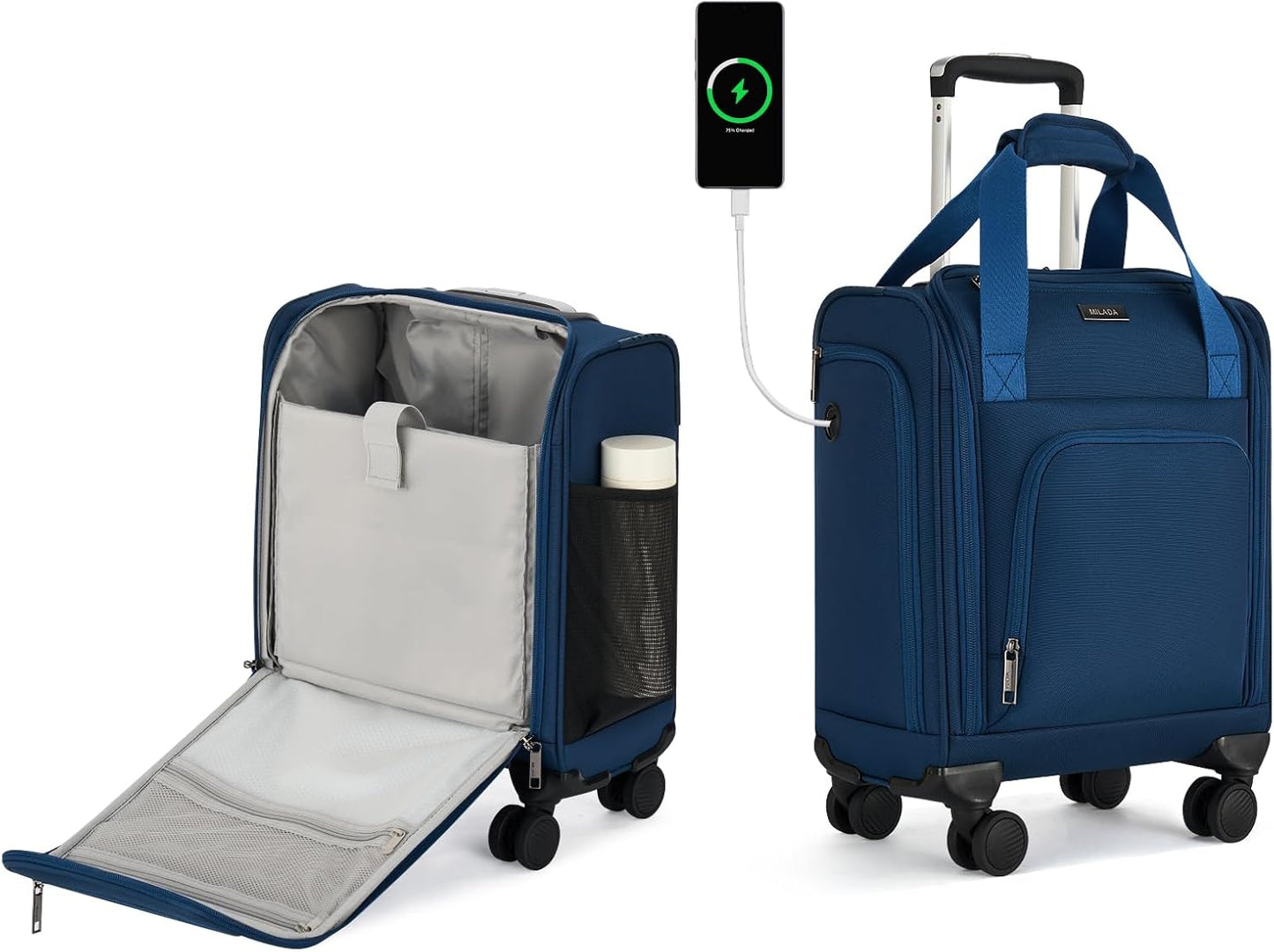 MILADA Carry On Luggage Airline Approved 16 Inch Underseat Small Suitcases with Wheels Softside Travel Luggage Personal Item Overnight Bag Business Mini Suitcase for Women and Men, Blue