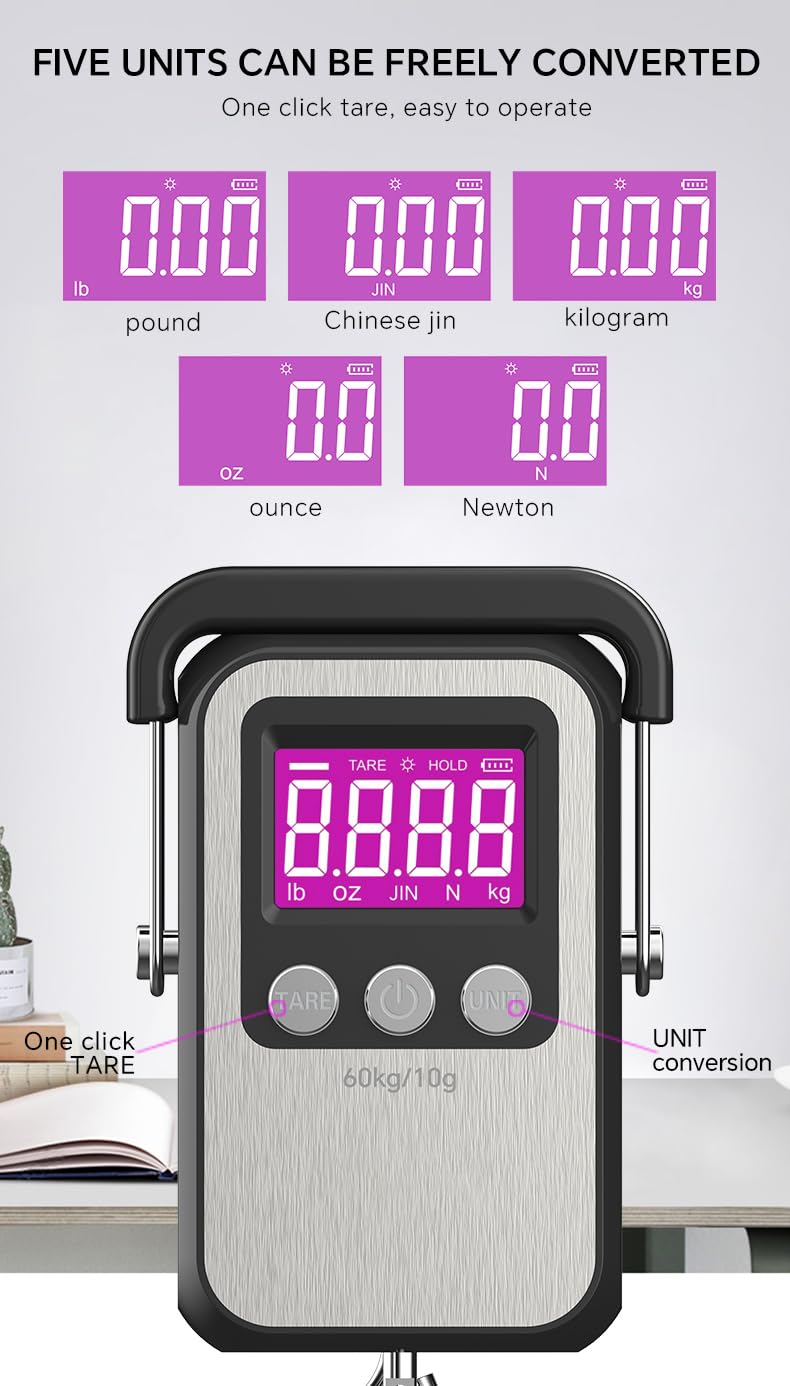 Digital Luggage Weight Scale 132lb 60kg Hanging Scales Fish Scale, 2 AAA Batteries (Not Included) (Black)