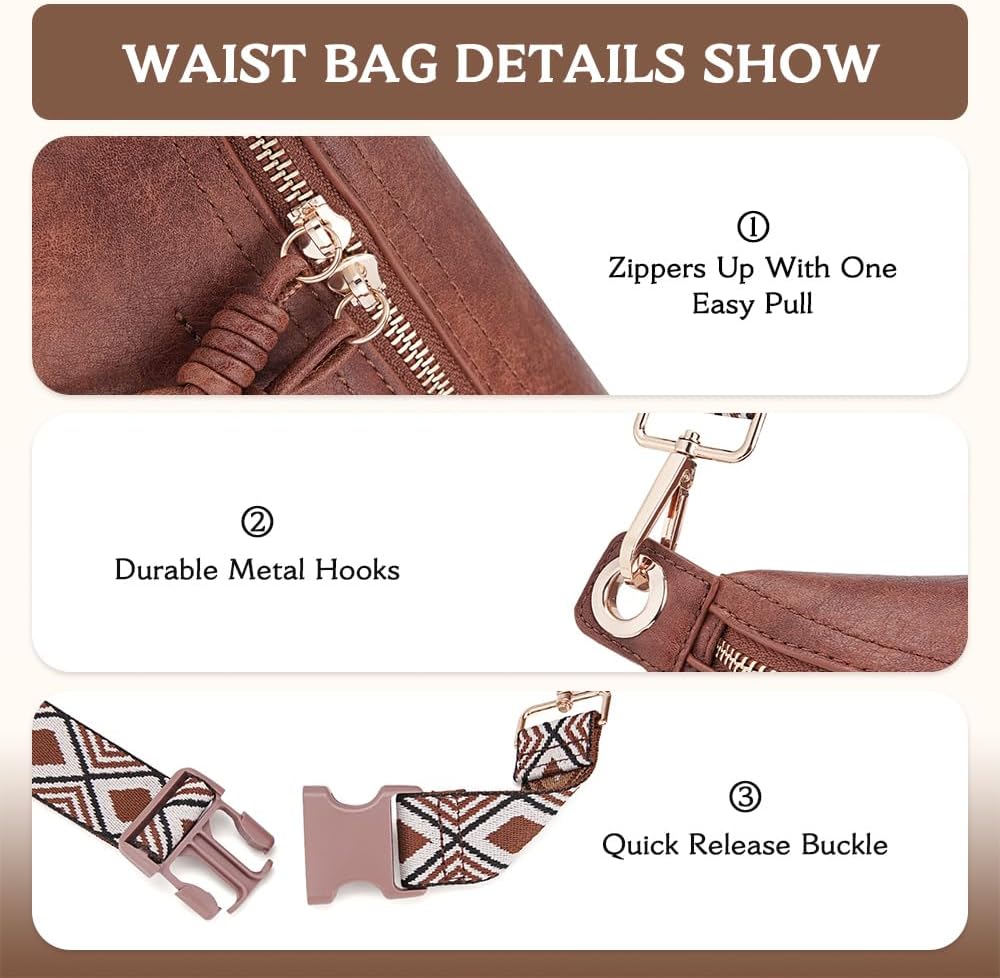 HKCLUF Fanny Pack Crossbody Bags for Women Pu Leather Belt Bag Waist Pack Causal Chest Bum Bag With 2 Straps