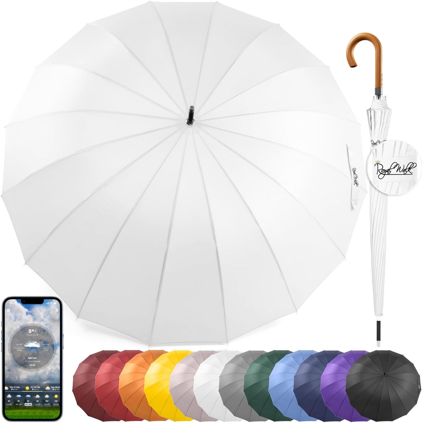 Royal Walk Windproof Large Umbrella for Rain 54 Inch Automatic Open for 2 Persons Wind Resistant Big Golf Umbrellas for Adult Men Women Classic Wooden Handle Fast Drying Strong 16 Ribs Travel 120cm
