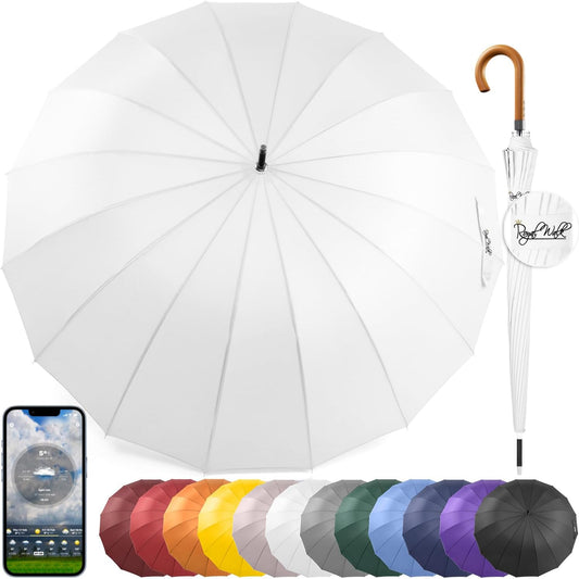 Royal Walk Windproof Large Umbrella for Rain 54 Inch Automatic Open for 2 Persons Wind Resistant Big Golf Umbrellas for Adult Men Women Classic Wooden Handle Fast Drying Strong 16 Ribs Travel 120cm