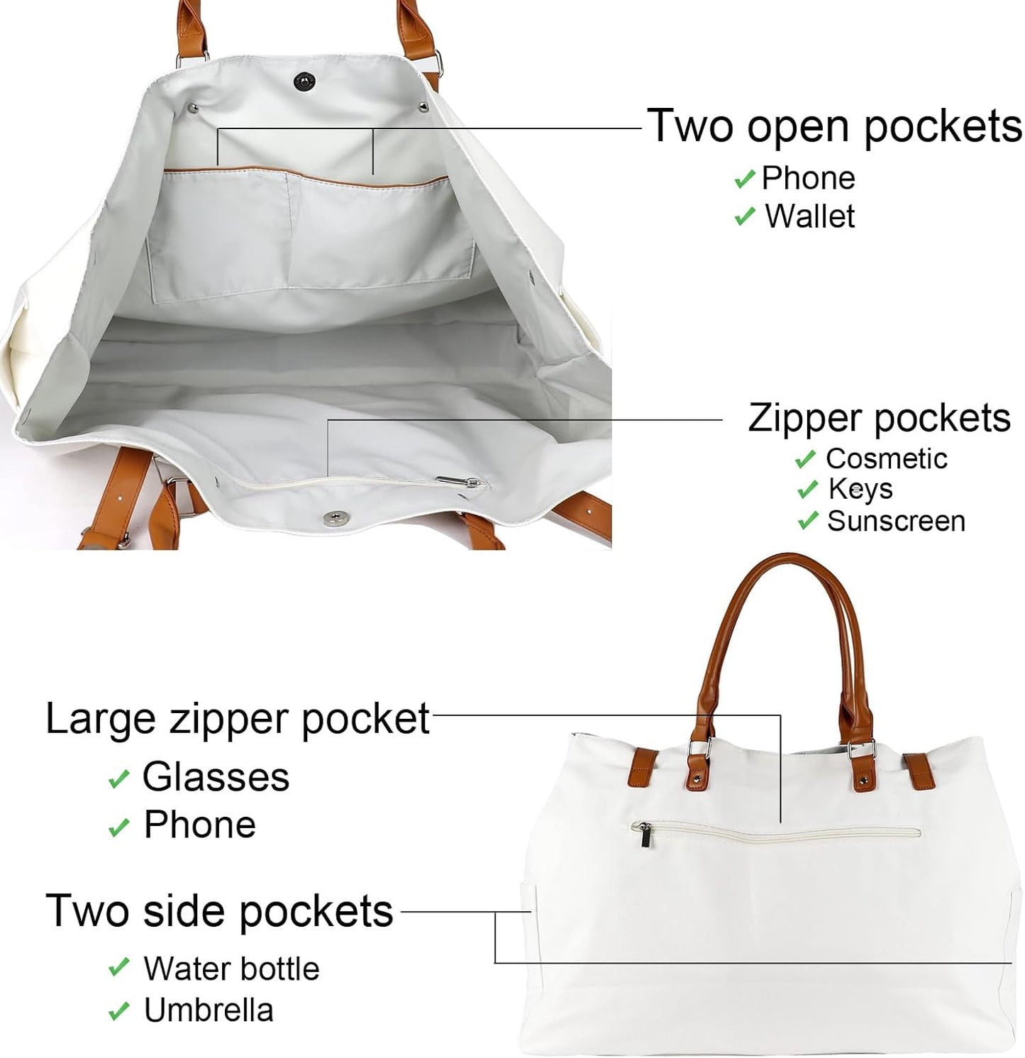 Beach Bag with Vegan Leather Handle, Extra Large Beach Bag for Women Waterproof Sandproof, White