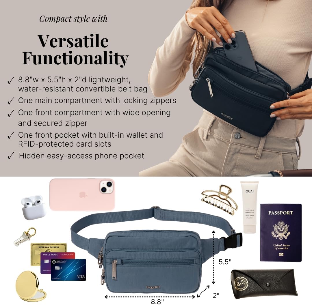 Baggallini Securtex Anti-Theft Belt Fanny Pack for Women RFID Wallet Locking Zipper-Travel Bag Crossbody Purse