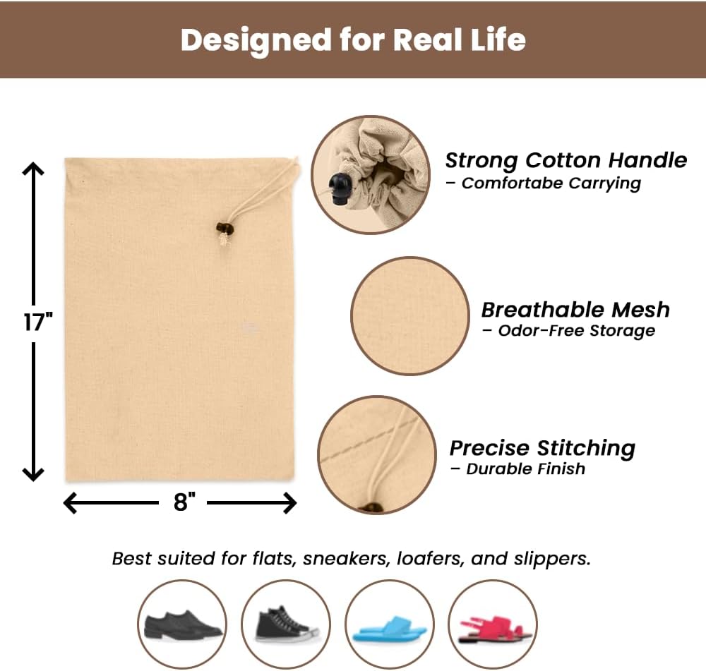 LFH Cotton Shoe Storage Bags with Drawstring, Dustproof Breathable Reusable Organizer, Perfect For