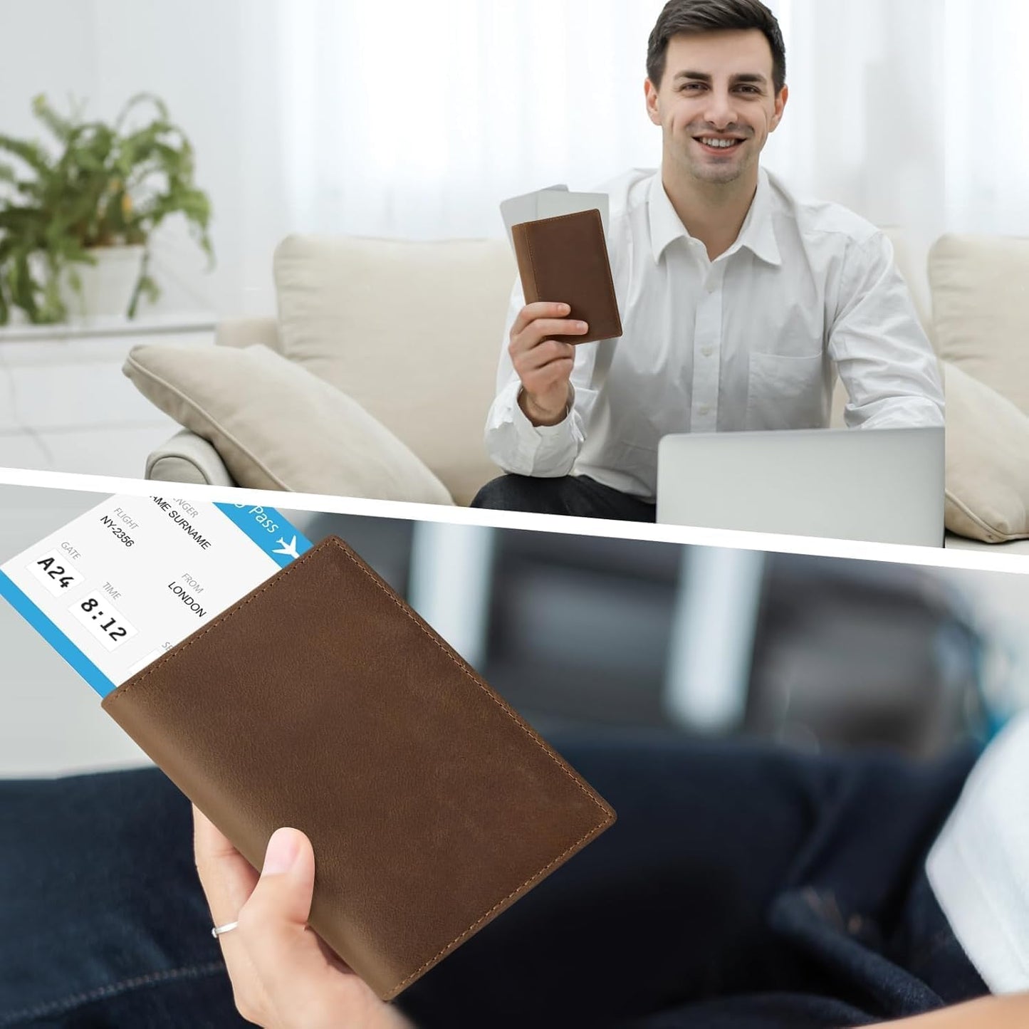 Genuine Leather Passport Cover for Men & Women, RFID Blocking Travel Wallet with Family Storage Capacity (Bourbon Brown)