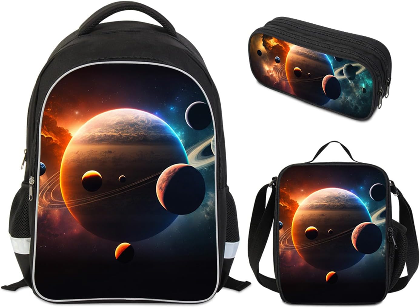 Kids School Backpack Set for Boys and Girls, Space Planets Theme, Kids Galaxy Backpack with Lunch Box and Pencil Case, 3Pcs Combo, Ipad Compartment, Idea for Student Aged 6-18