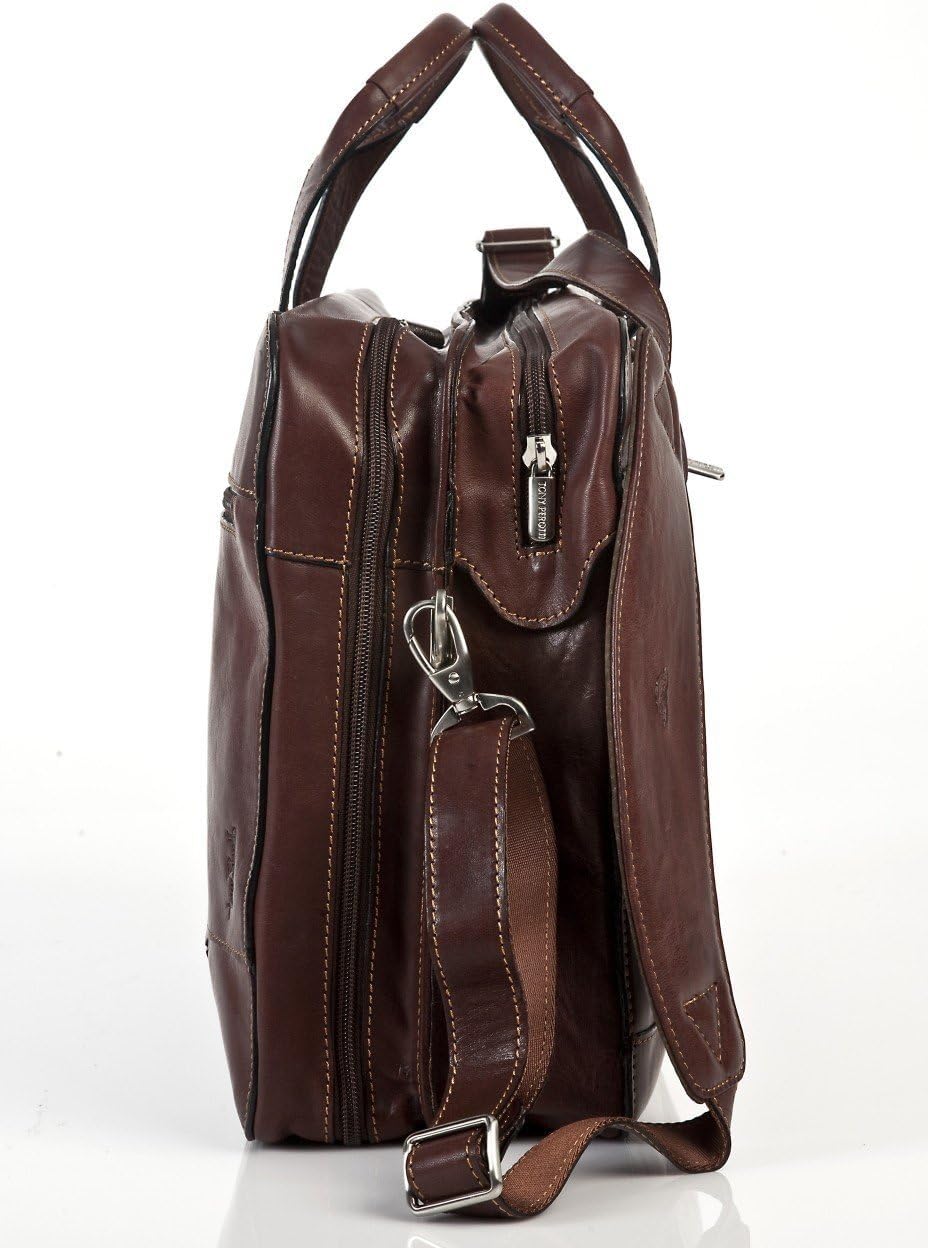 Tony Perotti Mens Italian Cow Leather Napoli Laptop Zip-Around Double Compartment Leather Briefcase
