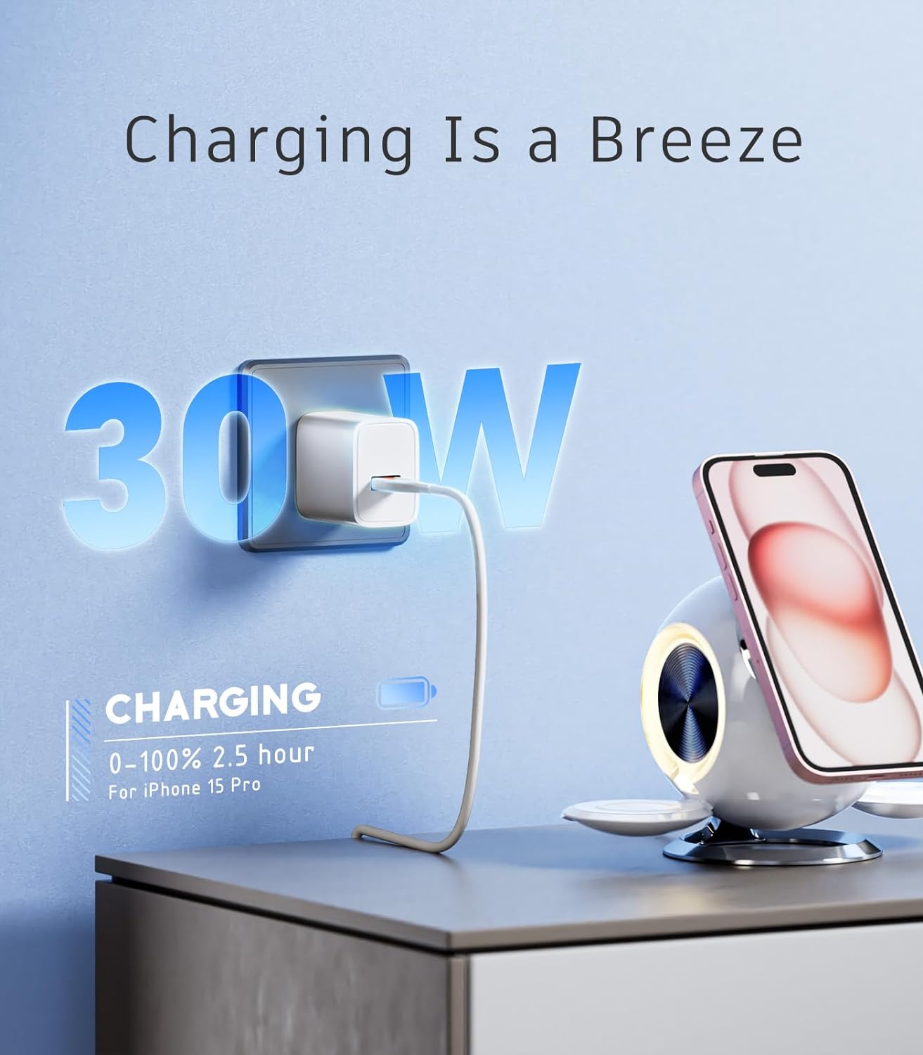 Venus 3 in 1 Mag-Safe Charger Stand, PEXXUS Magnetic Wireless Charging Station Apple MagSafe Charger (30W) Compatible for iPhone 12-16 Pro Max, Apple Watch Series, AirPods for Men