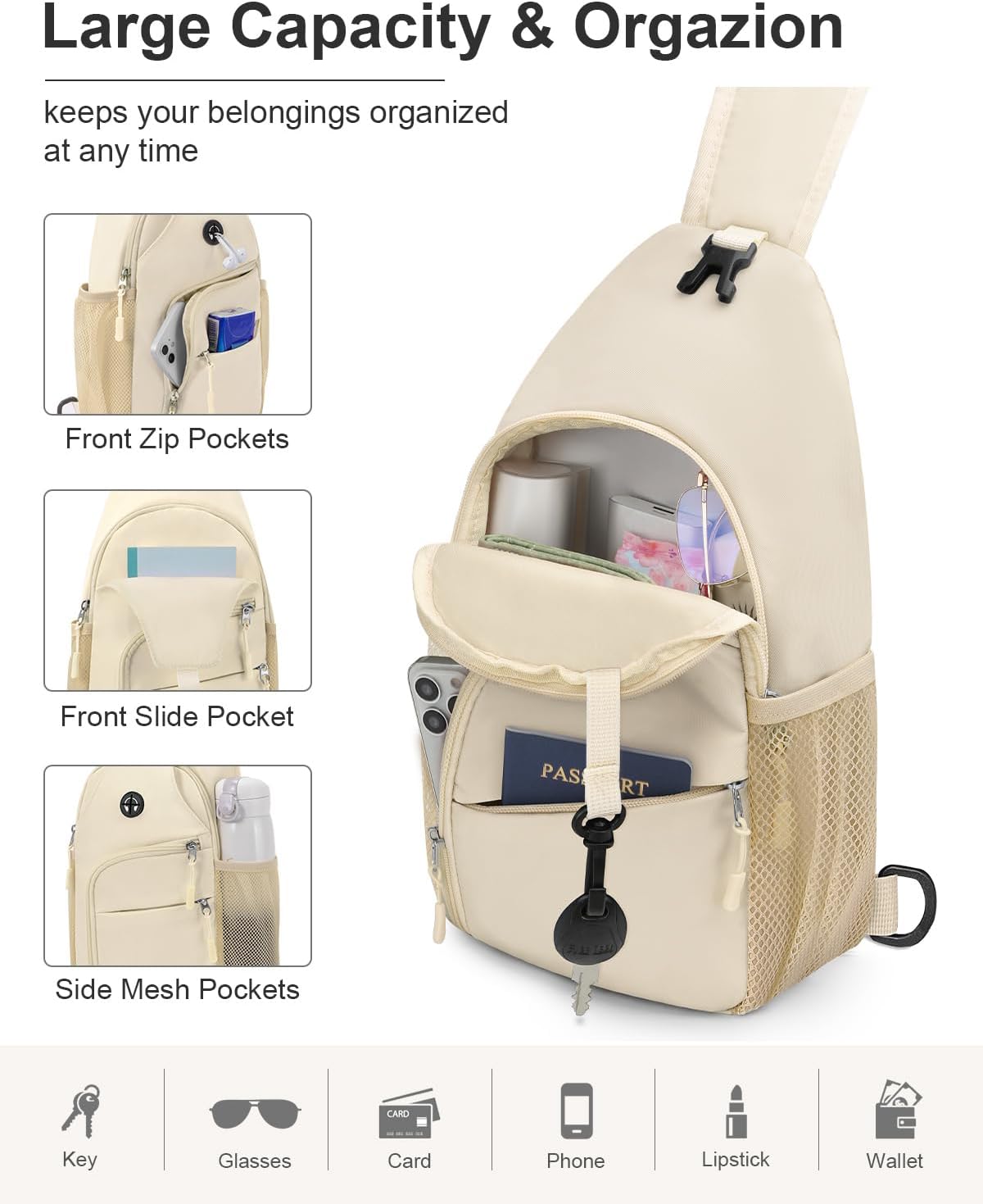 Crossbody Bags for Women Man Waterproof Sling Bag Backpack Trendy Casual Cross Body Bag with Convertible Shoulder Strap Chest Bag for Camping Hiking Travel Essentials (Ivory, Medium)