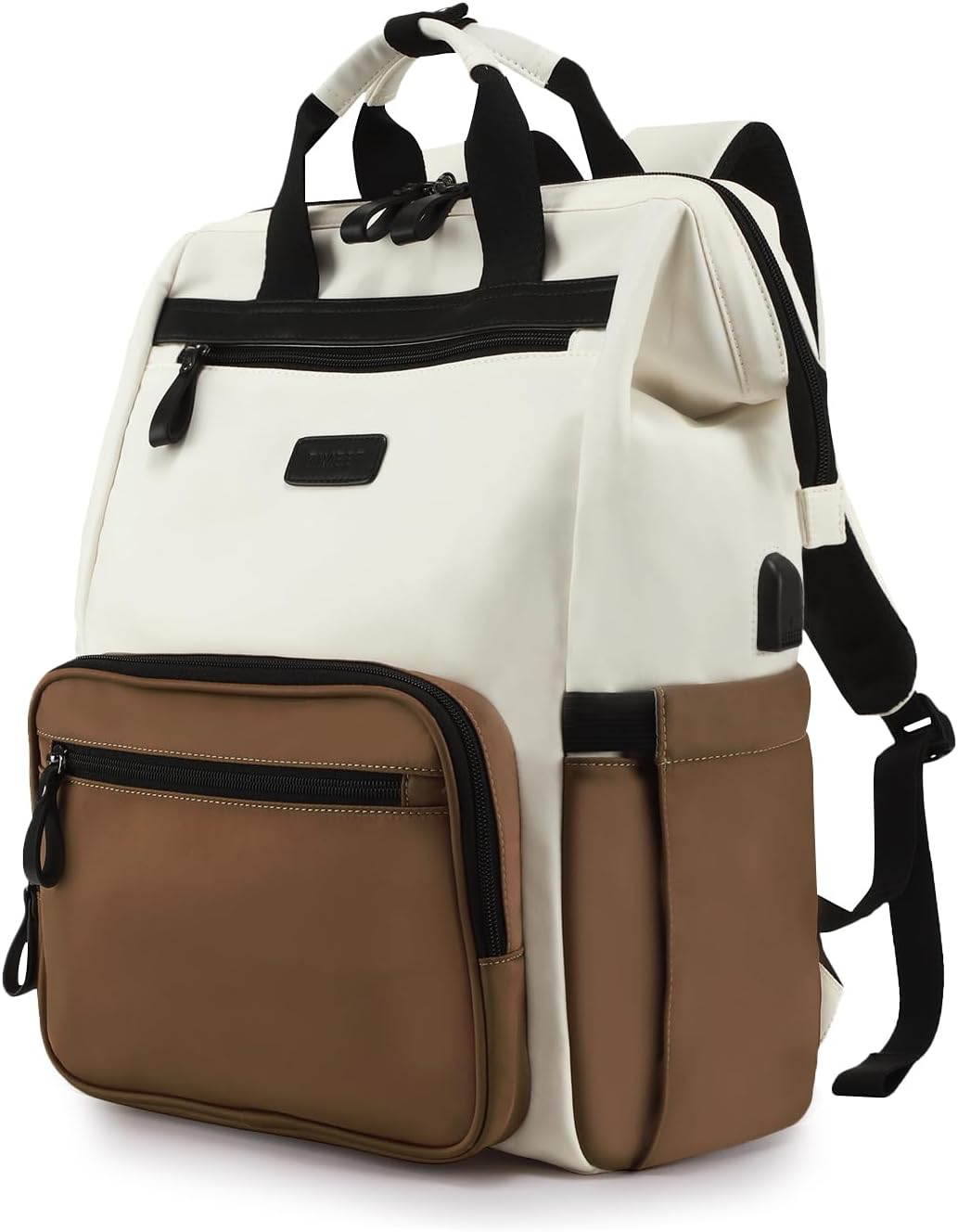 Timeet Laptop Backpack for Women Men, 15.6 Inch Travel Backpack with USB Charging Port, Water Resistant & Anti-theft for Work College Business, Multifunctional Carry on Backpack, White-brown