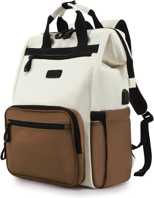 Timeet Laptop Backpack for Women Men, 15.6 Inch Travel Backpack with USB Charging Port, Water Resistant & Anti-theft for Work College Business, Multifunctional Carry on Backpack, White-brown