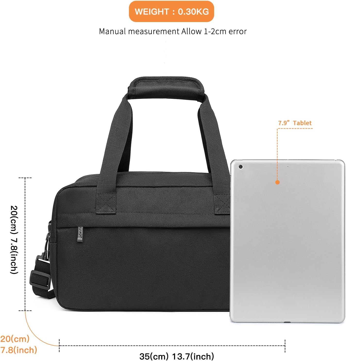 Kono Travel Duffel - 14L Under Seat Carry-On Sports Tote Gym Weekender Overnight Bag - 13.78"x7.87"x7.87" Black
