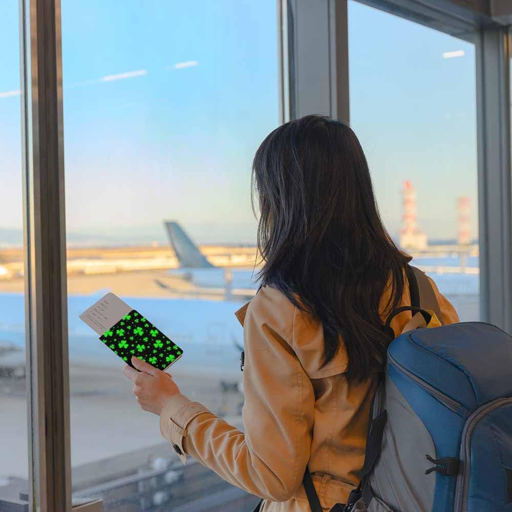 Lucky Clover Passport Holder for Travel Green Three Leaves Saint Patrick Day PU Leather Passport Cover Wallet Cute Passport Card Holder for Women and Men
