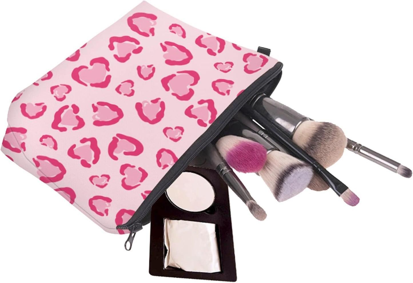 Cute Travel Makeup Bag Cosmetic Bag Small Pouch Gift for Women (Heart Leopard Pink)