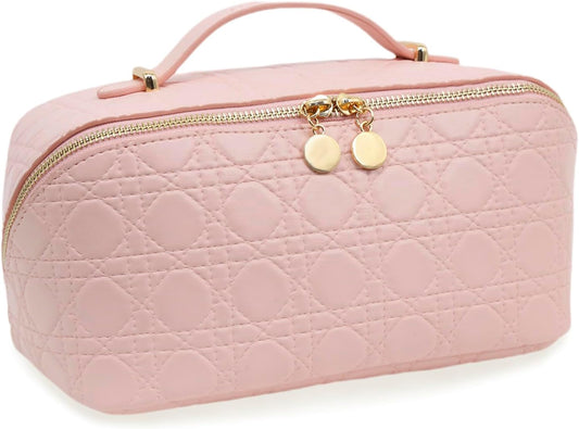 Travel Makeup Bag – Large Cosmetic Organizer with Waterproof PU Leather, Smooth Double Zipper & Tear-Resistant Lining, Toiletry Pouch for Women (Pink)
