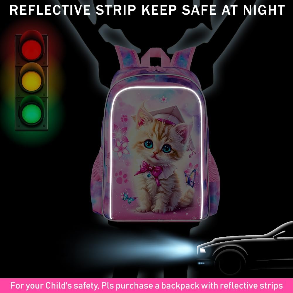 3PCS Girls Cat Bookbag, 16" Kids Backpackwith Lunch Box, Water Resistant School Bag for Elementary Preschool Toddler
