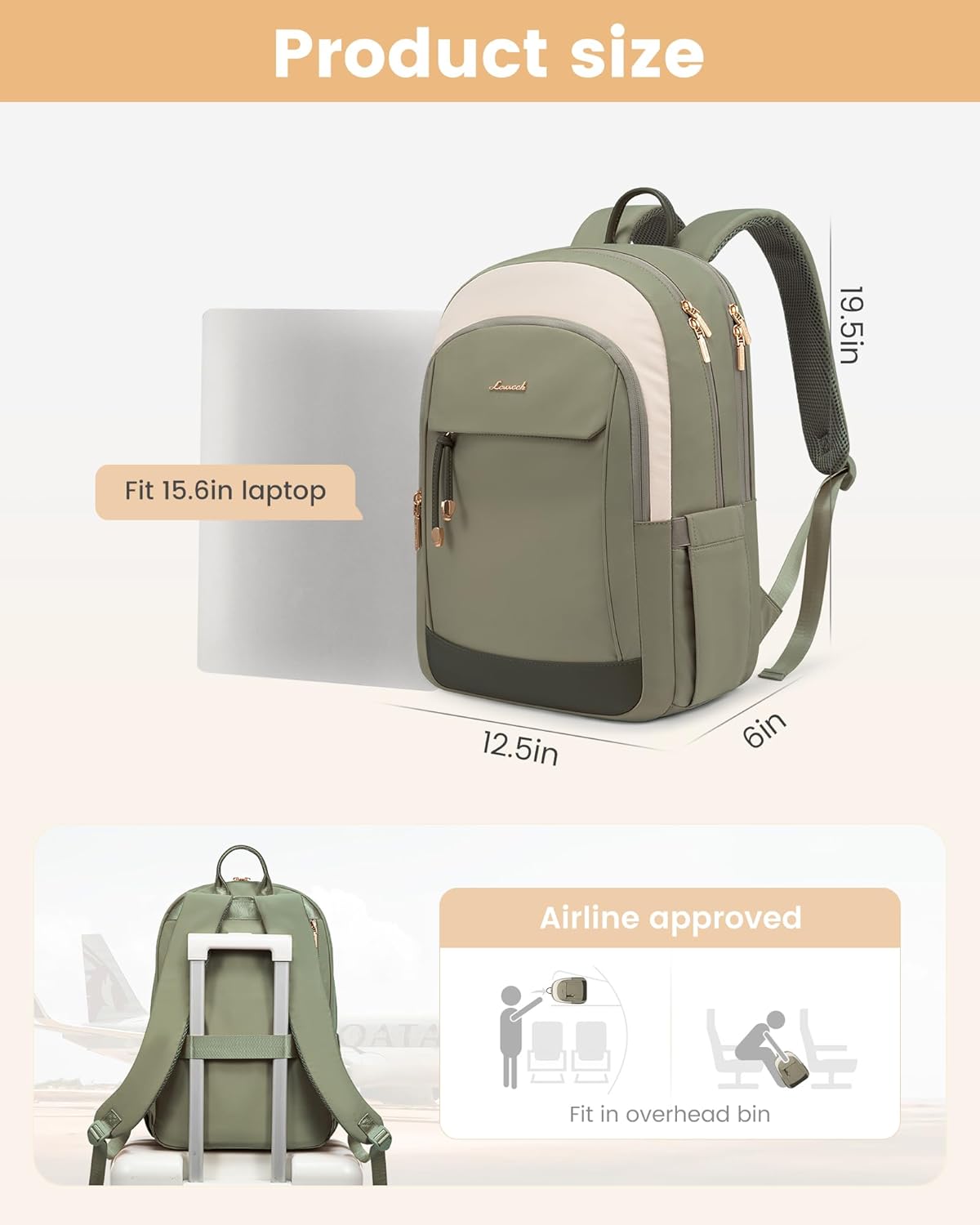 LOVEVOOK Laptop Backpack for Women, 15.6 inch Waterproof College Backpack Woman with Laptop Compartment Computer Bag Travel Backpack Purse, Large Black Computer Daypack for Work Casual, Beige green