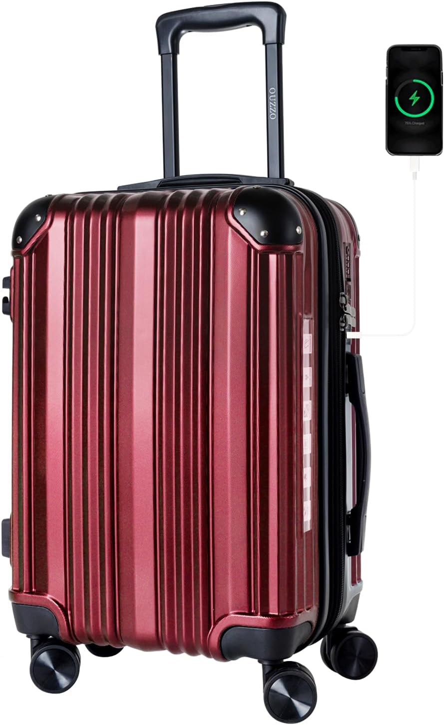 OUZZO 20 Inch Carry On Luggage with USB Port, 22x14x9 Airline Approved, Hardshell Expandable Suitcase with Spinner Wheels, TSA Lock, Corner Protectors, Travel Luggage for Business & Plane - Red