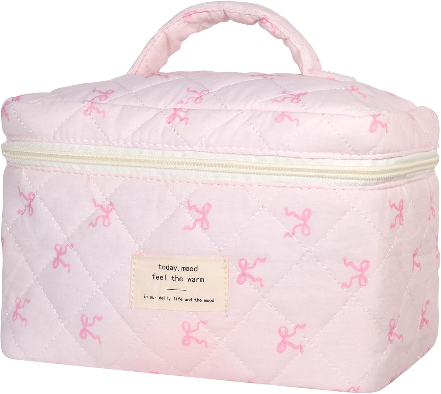 Quilted Makeup Bag, Large Makeup Bag, Cute Cosmetic Bag for Women Girls, Floral Coquette Aesthetic Travel Toiletry Make Up Organizer Bag-Light Pink