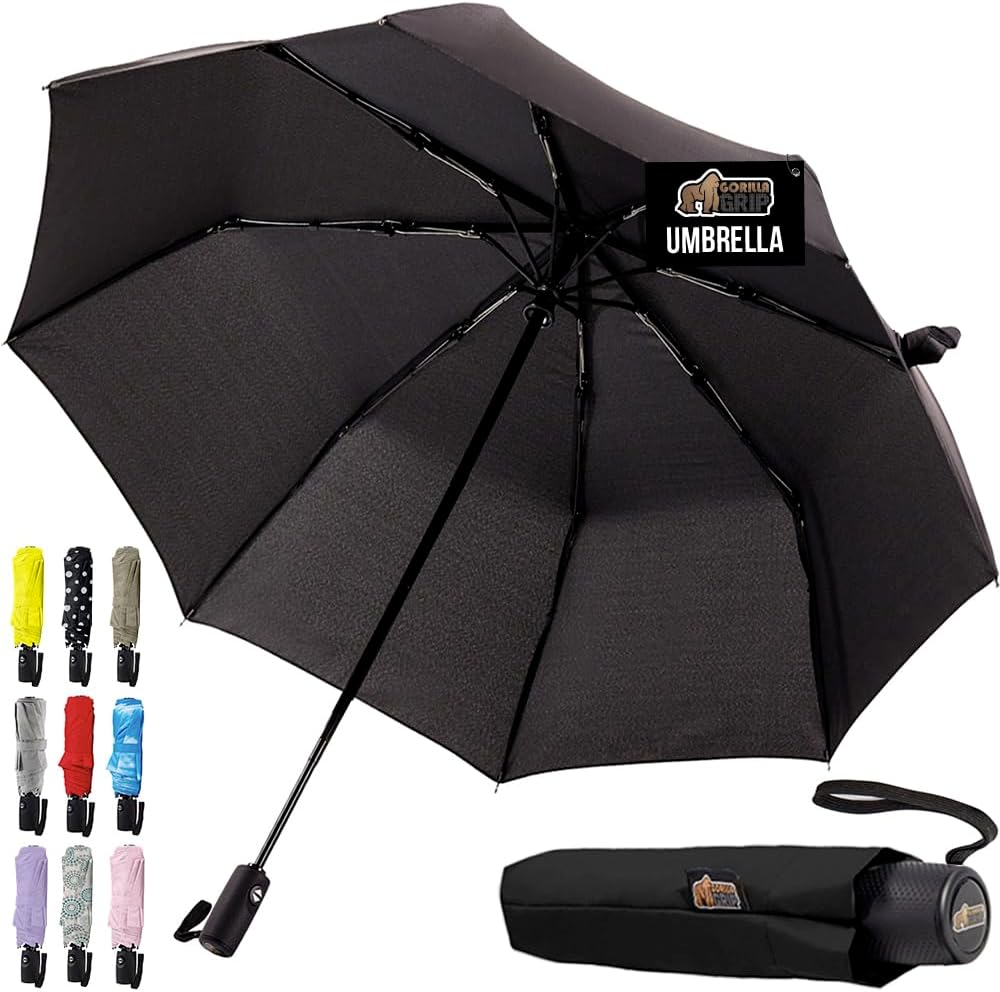 GORILLA GRIP Strong Windproof Stick Compact Umbrella for Rain, One-Click Automatic Open and Close