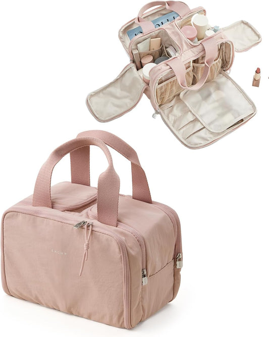 EACHY Travel Toiletry Bag, Puffy Cosmetic Makeup Organizer with Handle, Lightweight Large Wide-Open Travel Bags for Women, Essentials Accessories Toiletries (Pink)