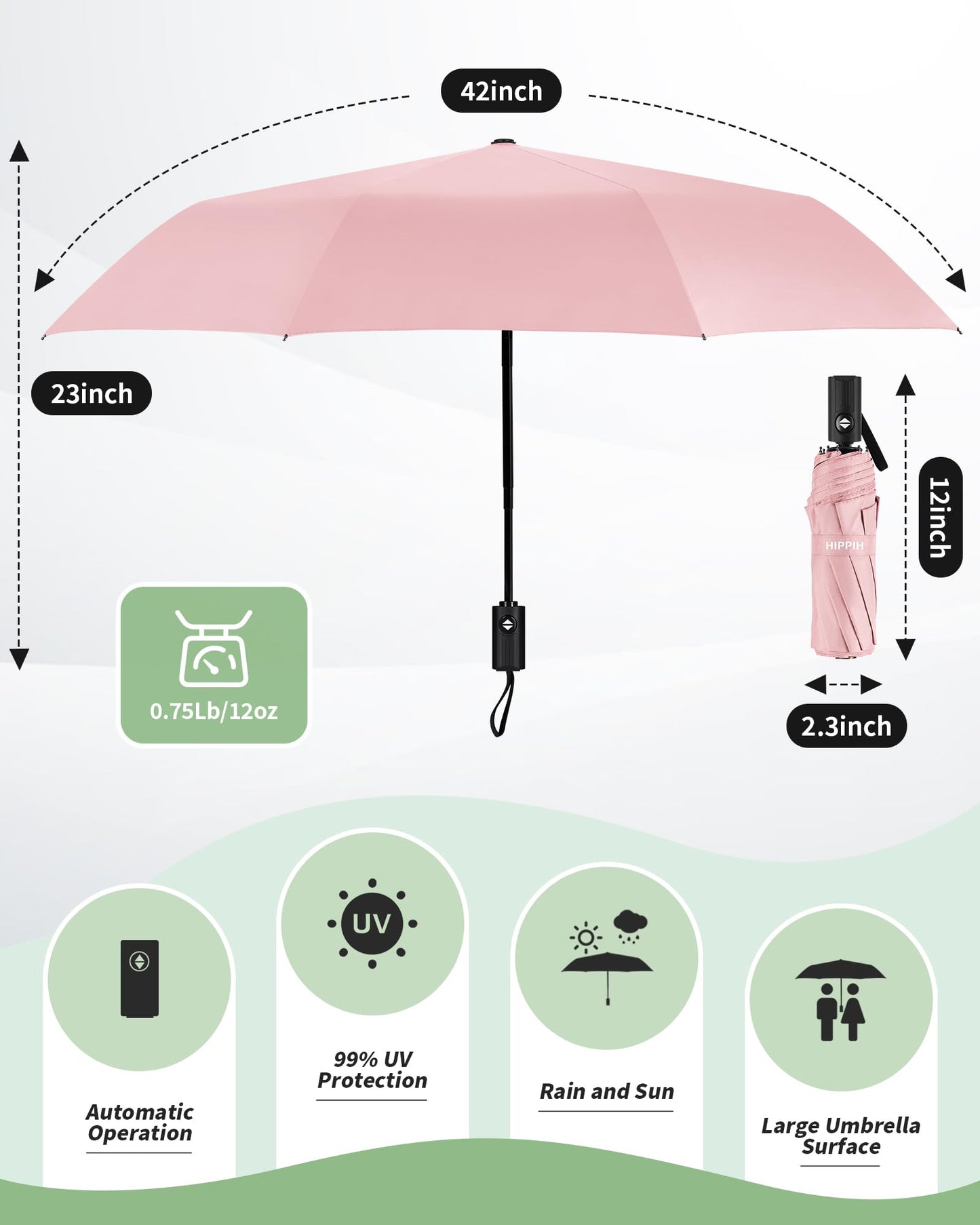 HIPPIH Compact Travel Umbrella for Rain - Windproof Automatic Umbrellas, UV Umbrella for Sun