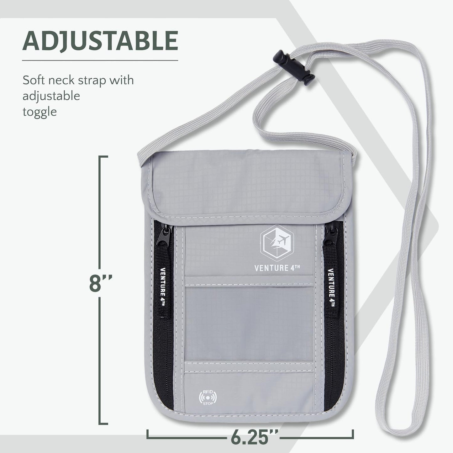 VENTURE 4TH Neck Wallet, RFID Blocking Passport Holder for Travel – Hidden Neck Pouch with 6 Compartments, Slim Lightweight Organizer with Adjustable Strap for Cash, Cards & Passport (Silver)