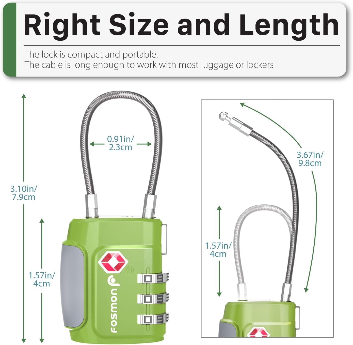 Fosmon TSA Approved Cable Locks for Luggage, Suitcase Locks with Push Release Button, 3 Digit Long Shackle Combo Wire Locks for Backpack, Gym Locker