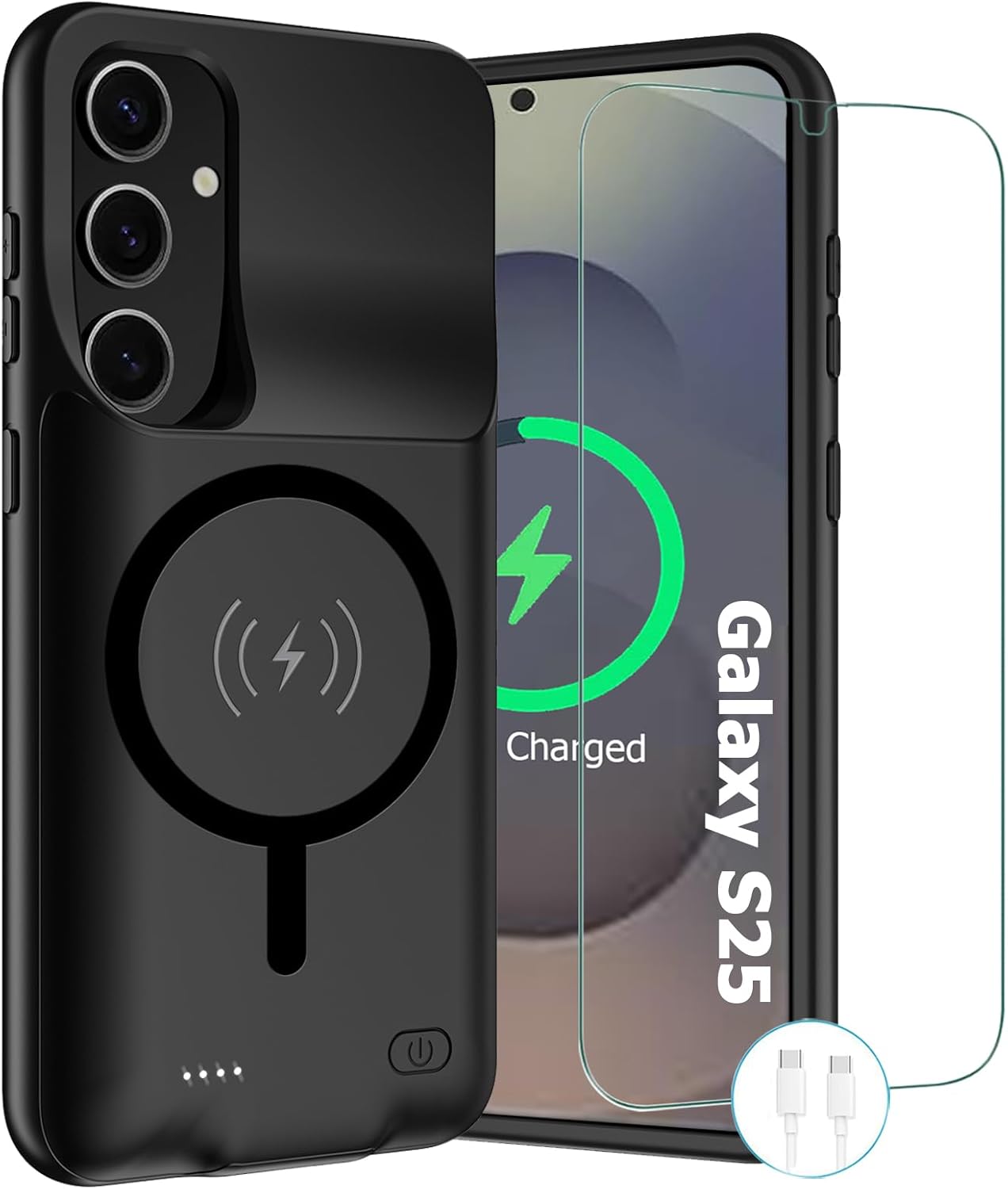 Wireless Charging Case for Galaxy S25, 2025 Upgraded 10000mAh Rechargeable Portable Charging Case Compatible with Galaxy S25 5G (6.2 inch) with Carplay Extended Battery Pack Charger Power Case (Black)