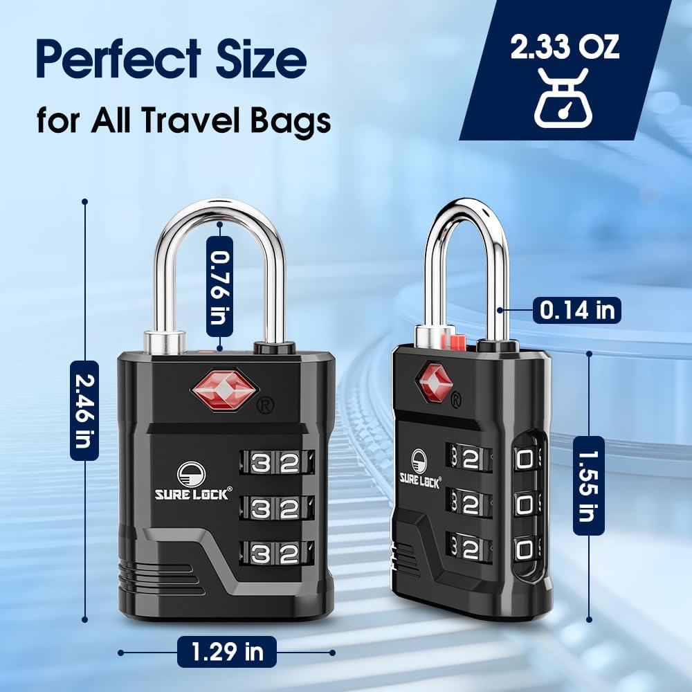 SURE LOCK TSA Locks for Luggage, TSA Approved Luggage Locks with Open Alert, 008 Key for High Security, Easy Read Dials, Zinc Alloy Body, Locker Lock for Suitcase, Gym, Travel(Black 6 pk)