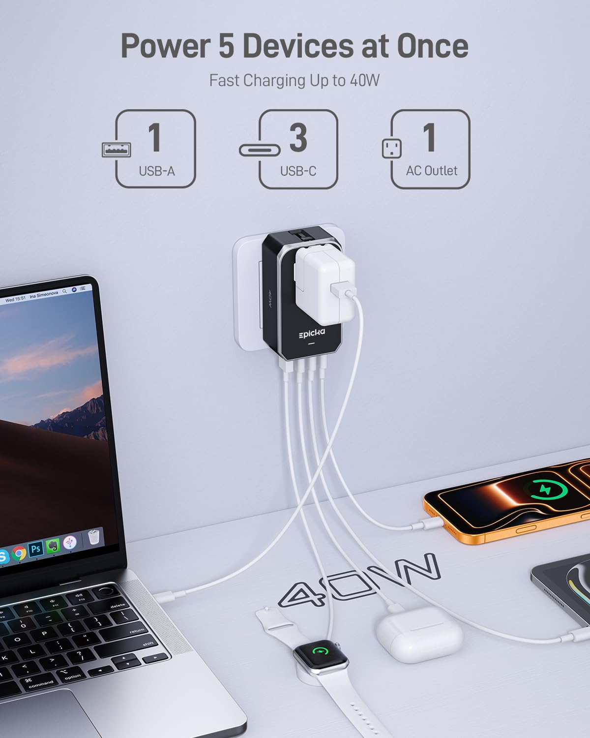 EPICKA Air 40W Universal Travel Adapter PD&QC with 1AC/3USB-C/1USB-A