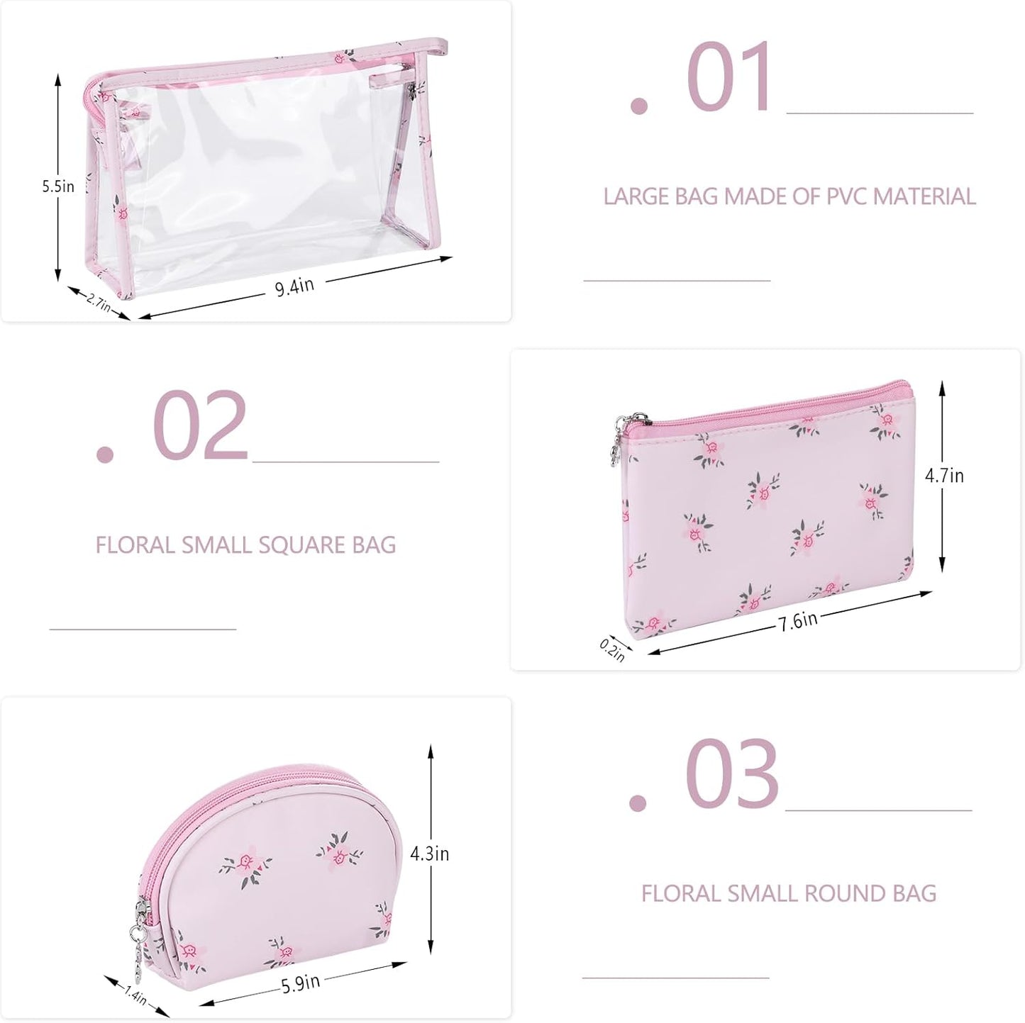 Richeart Makeup Bag, Clear Bag with Zipper, 3PC Floral Flowers Makeup Pouch, Waterproof Small Pouch, Portable Travel Toiletry Bag, A