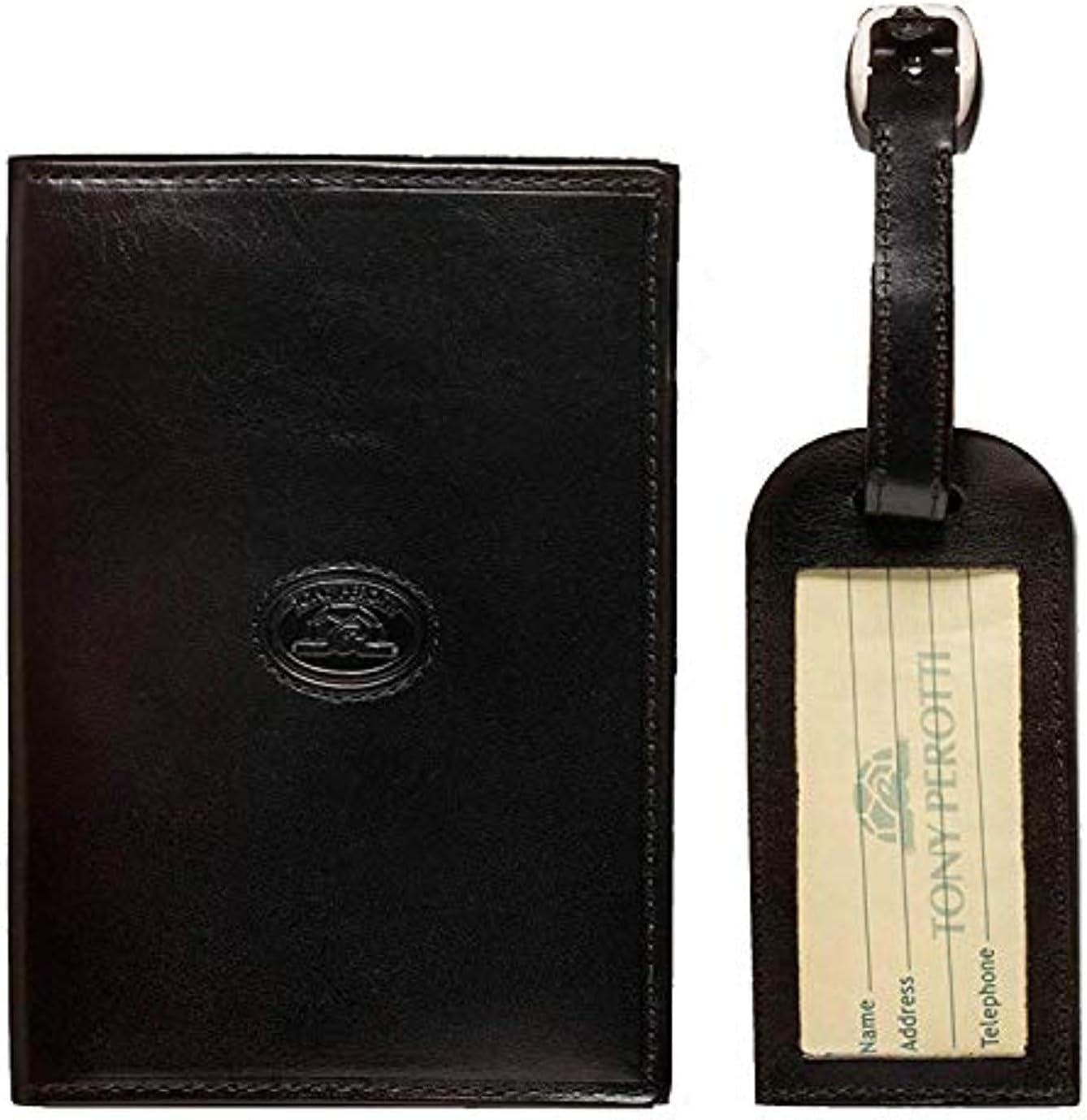 Tony Perotti CUSTOM PERSONALIZED INITIALS ENGRAVING Unisex Italian Bull Leather Passport Case Holder and Luggage Tag Combo Gift Set in Black